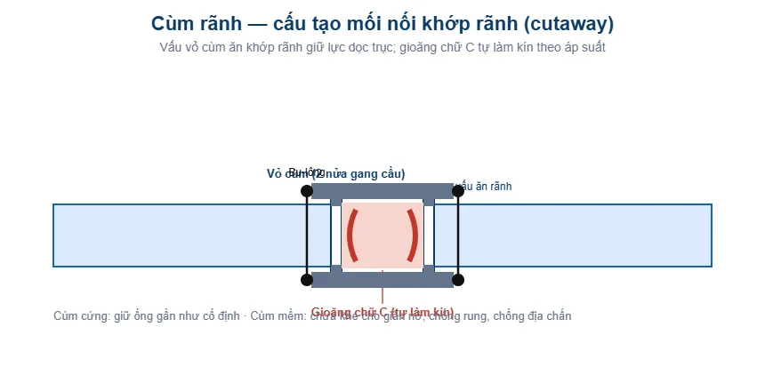 Sơ đồ cấu tạo cùm rãnh: vỏ cùm, gioăng chữ C và vấu ăn khớp rãnh