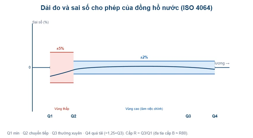 Biểu đồ dải đo và sai số đồng hồ nước ISO 4064 - T-Blue