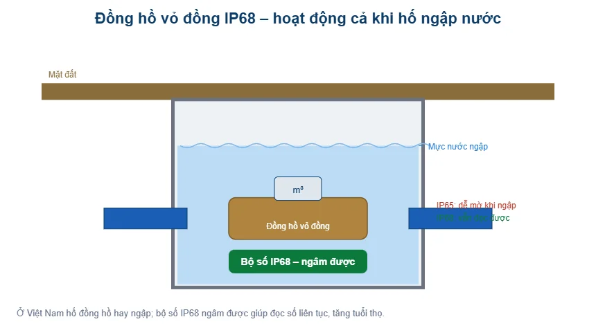 Sơ đồ đồng hồ vỏ đồng IP68 trong hố ngập - T-Blue