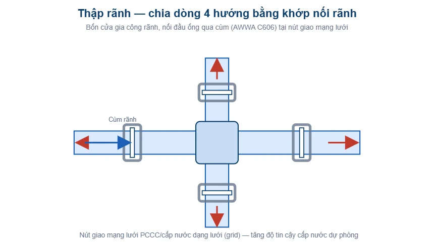 Sơ đồ thập rãnh chia dòng bốn hướng bằng khớp nối rãnh