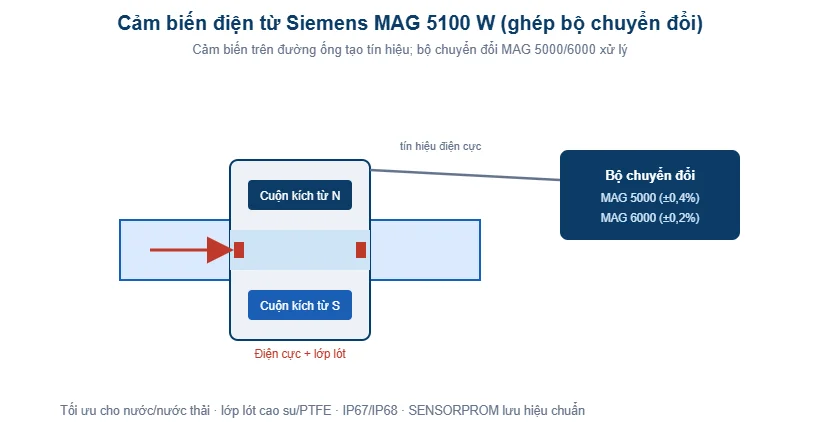 Sơ đồ cảm biến điện từ Siemens MAG 5100 W ghép bộ chuyển đổi
