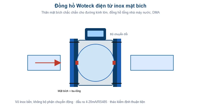 Sơ đồ đồng hồ Woteck điện từ inox mặt bích