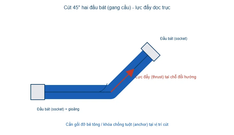 Sơ đồ cút 45 độ hai đầu bát gang cầu và lực đẩy